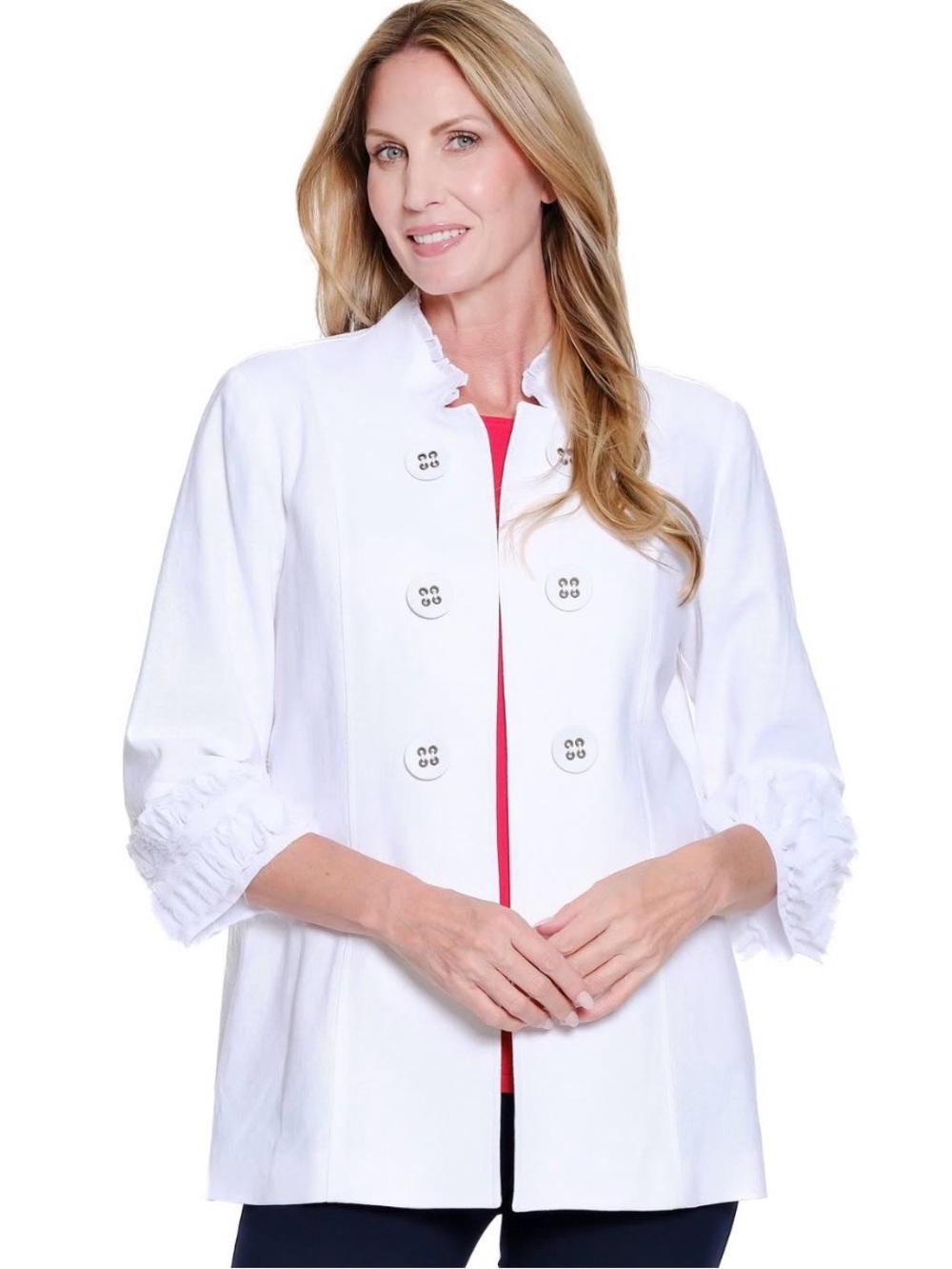 Multiples 3/4 sleeve stand collar 
Double button white jacket